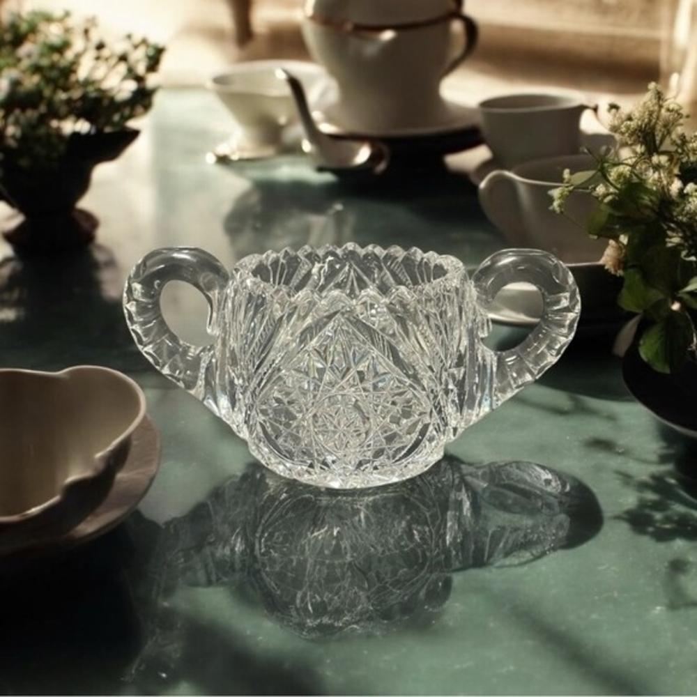 Vintage Brilliant Cut Crystal Sugar Bowl with Handles 6.5”x4” Rare Find